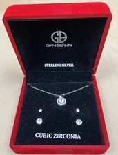Giani Bernini CZ Halo Necklace & Stud Earrings Set Sterling Silver NIB $50