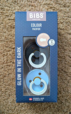 BIBS Colour Glow in the Dark Pacifier 2 Pack Latex Round Small 0-6m Blue