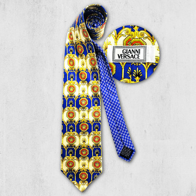 Gianni Versace Krawatte 90s Baroque Medusa Seide Vintage Tie Blau Gold