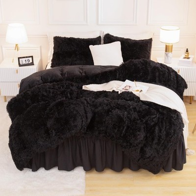 Fluffy Black Comforter Set Queen Size, 3 Pieces Winter Faux Fur Warm Soft Fuz...