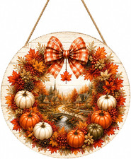 Fall Door Sign, Pumpkin Wreath Front Door Decor, 12 Inch Wooden Hanger