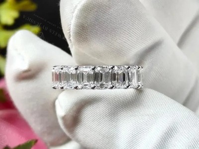 7.30Ct Emerald Cut Natural Diamond Eternity Wedding Ring Band 14K White Gold 6 7
