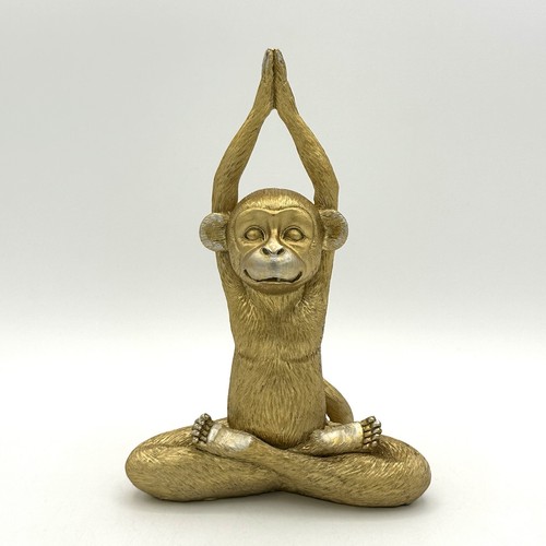 Metallic Golden Yoga Monkey Figurine Statue Meditation Pose Resin 7.5 X 5 Inch