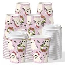 12 oz Halloween Christmas Disposable Paper Coffee Cups with Lids, 50 Pack Cute S