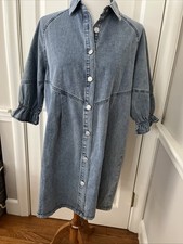 Women's Short Denim Dress Buttom-Front 3/4-Sleeve with Elasticized Cuff Small