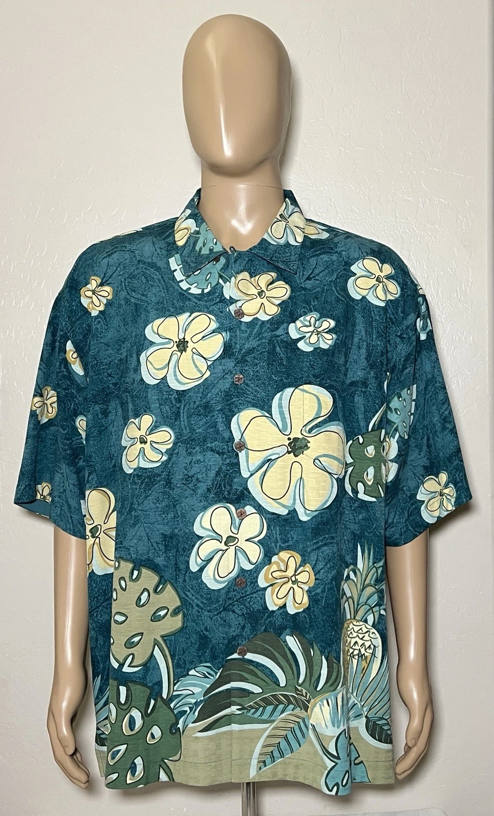 Bermuda Bay Men Hawaiian Teal XL Tropical Short Sleeve Silk Shirt Button Casual