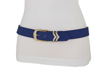 Women Classic Look Belt Blue Faux Leather Gold Bling Metal  display picture 1