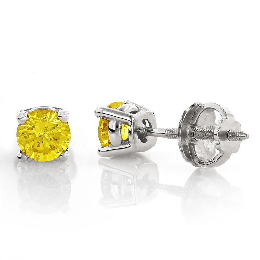 2CT Round Canary Yellow Solid 14K White Gold Stud ScrewBack