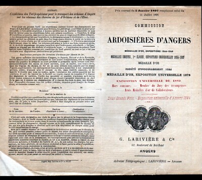 ANGERS (49) SCHIEFER ''G. LARIVIERE'' Tarife 1897 / Grand Prix d'ANTWERPEN 1894