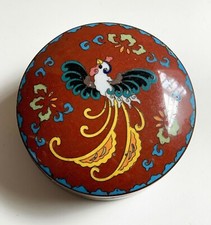 19/20c Japanese Cloisonne Lidded Box Pot w Griffin Bird Of Paradise & Tea Dust
