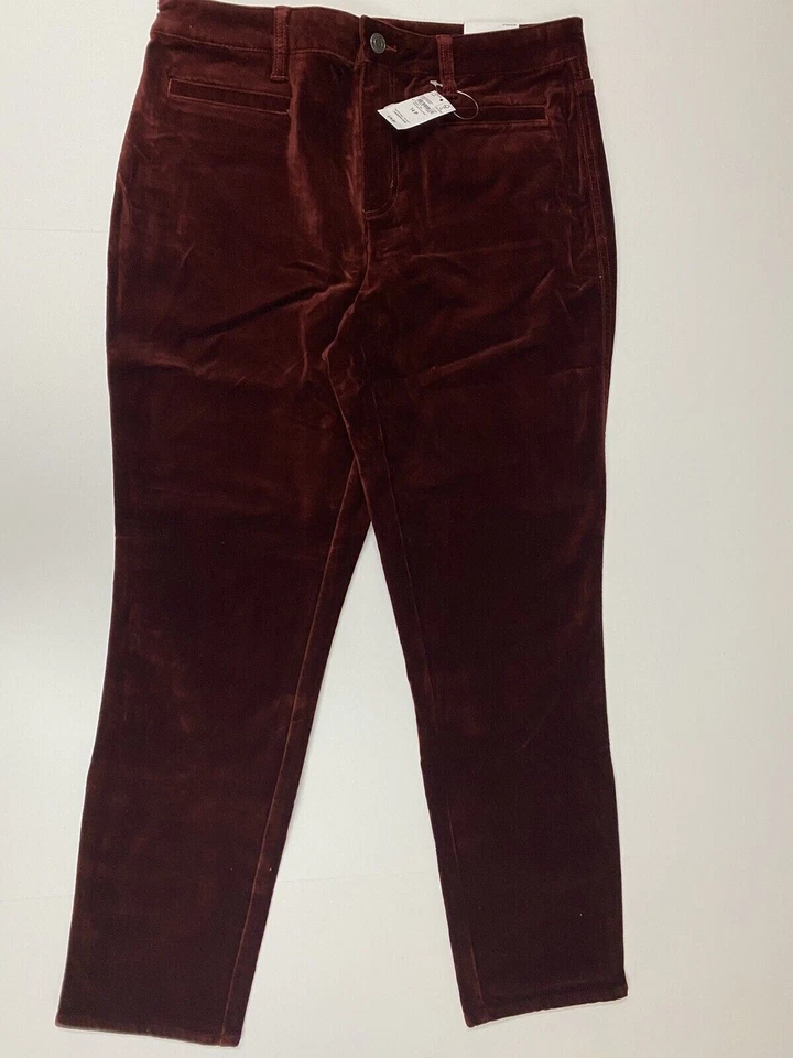 NWT $80 LANDS END MID RISE FIT 2 VELVET SLIM PANTS RICHEST GARNET 12P X 28"