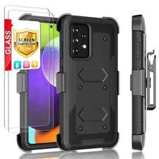 For Samsung Galaxy A52 5G Armor Rugged Case Belt Clip Holster + Tempered Glass