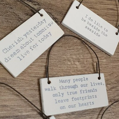 PEBBLE ELEVEN TINY WOODEN MESSAGE TAGS Small Mini Rectangle Signs Board Gift Label Keepsakes