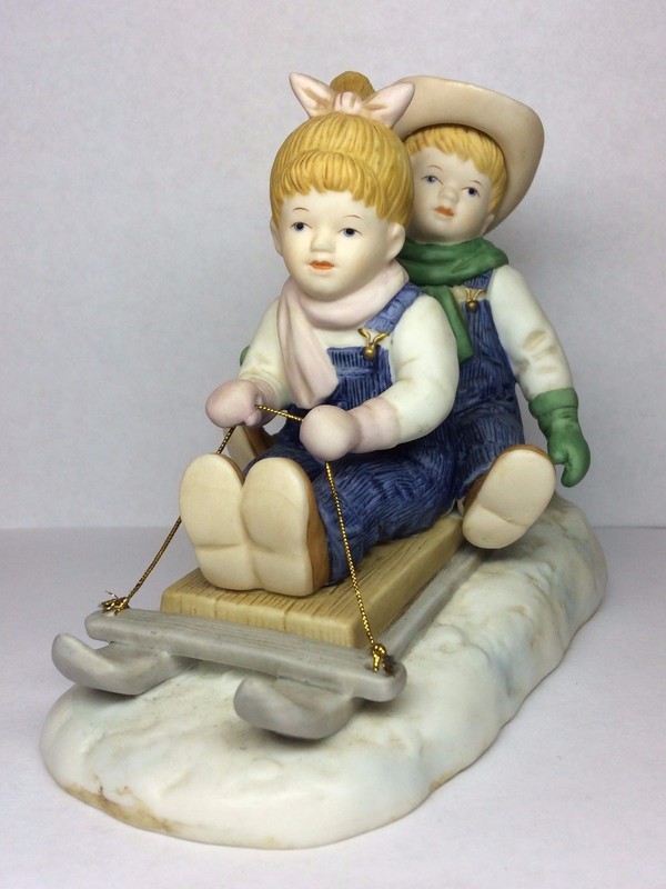 Debbie & Danny Denim Days Winter Fun Farmer Country Sledding Figurine Art Vtg