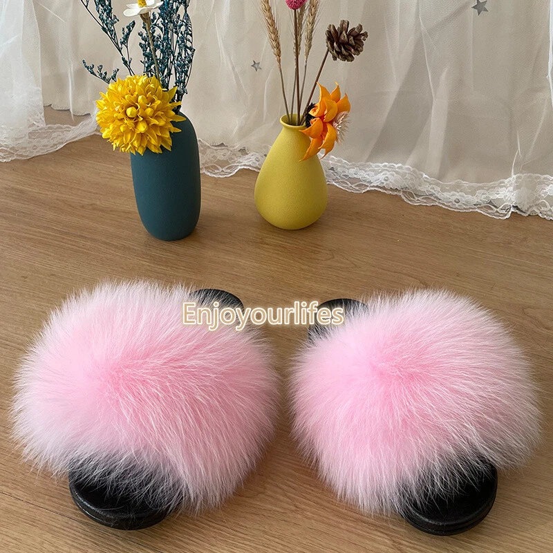 Pink Women s Slides Real Fox Fur Slippers Summer Sandals Indoor