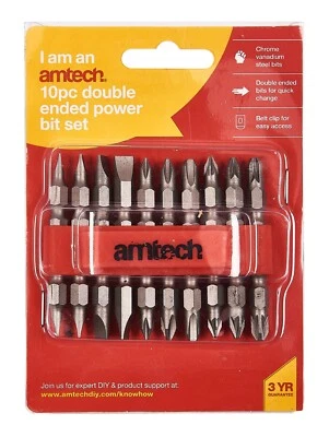 AMTECH 10Pc Double Ended Power Drill Bit Set Crv Screwdriver Slotted Phillips Torx