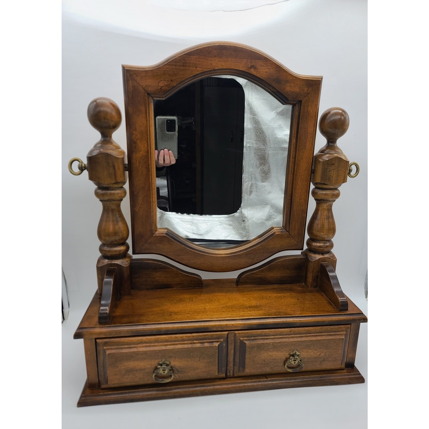 Vintage Pine Wood Cheval Mirror w/Drawer Dresser Top Vanity 24.5" Ethan Allen? 