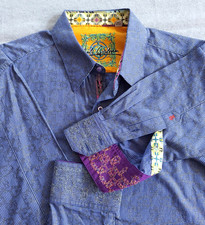 Robert Graham Mens Blue Micro Check Embroidered Shirt Contrast Flip Cuff Trim XL