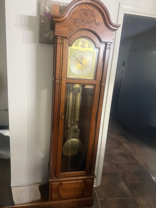 Traditional Cherry Finish Grandfather Clock Mechanical Chimes Crowned Top