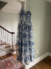 Alyce Paris Blue White Floral Chiffon Layered Maxi Gown Dress Size 4