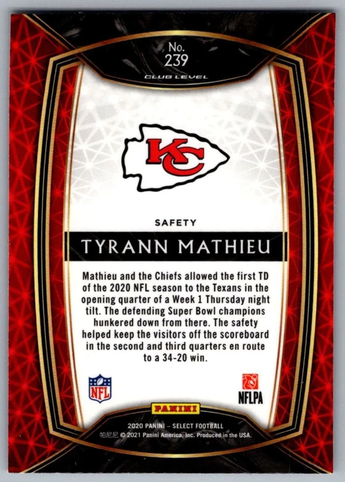 2020 Panini Select Tyrann Mathieu Kansas City Chiefs #239 - Image 2 of 2