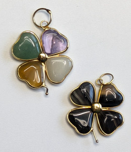 Authentic Gold Plated Multi Gemstone 4 Leaf Clover Shamrock Pendants 1" Banded Agate+
