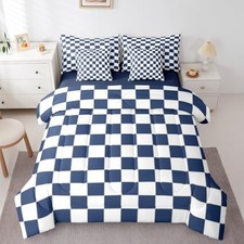 Plaid Comforter Set with Sheets 7 Piece Navy Blue Checkerboard Full White Blue