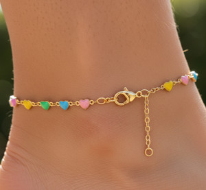 Authentic Charming Gold Plated Chain Anklet Handmade Colorful Enamel Heart Charm Anklet