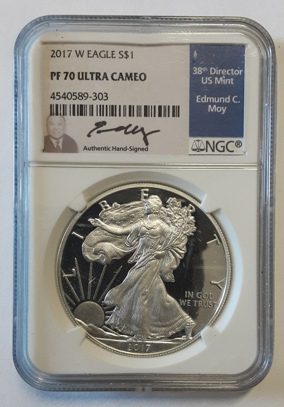 2017 W PROOF SILVER EAGLE NGC PF70 ULTRA CAMEO EDMUND MOY HAND SIGNED BLUE LABEL