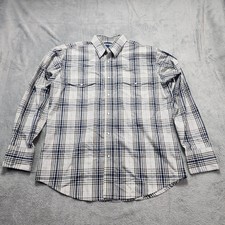 Wrangler Western Shirt Men's L Pearl Snap Plaid Blue White Long Sleeve Cotton