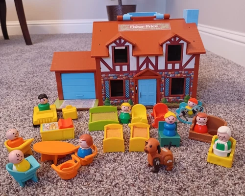 Vintage Fisher Price 1980 Little People Tudor Playhouse, Furniture, 10 Figures