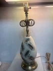 50’s Vintage MCM Atomic Starburst Cream Gold Black Ceramic Table Lamp Brass Coil