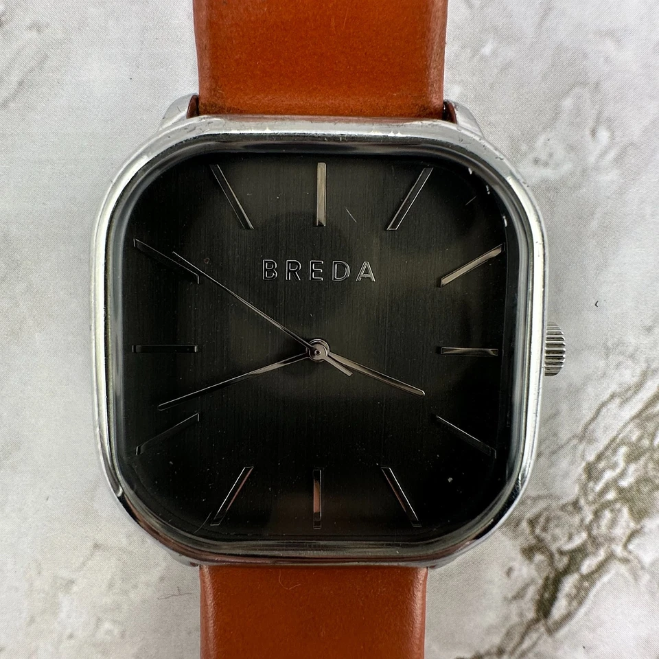 Breda Visser Watch Men Silver Tone Square Dial 36MM Leather Band New Battery - Image 2 of 4