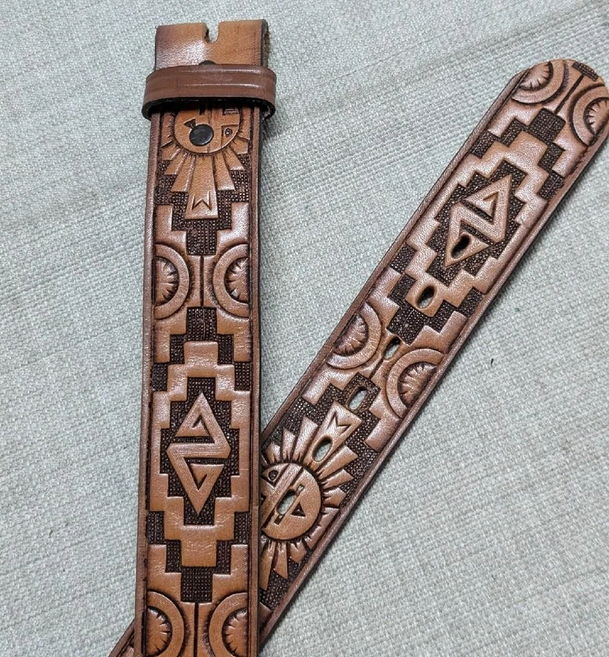 vintage TOOLED buckle belt SOUTHWESTERN leather 38 native american INDIAN cowboy - Image 3 of 4