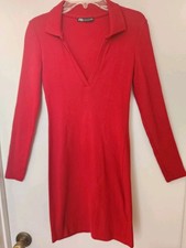 ZARA Red Knee Length Ribbed  Collared Dress SIZE SMALL