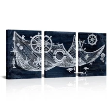 sechars Nautical Wall Art Decor Fishing Net with Seashells Ship Wheel Paintin...