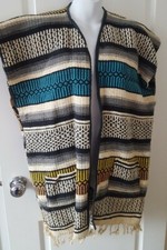 Vintage Authentic Hand Woven Poncho Black, Grey, Turq, Yel w/ Fringe - Size M-L
