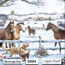 (5094) TWO Paper BEVERAGE / COCKTAIL Decoupage Art Craft Napkins - HORSES SNOW