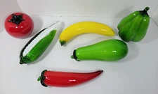 6-Murano Style Blown Glass Fruit-Veggies White Corn, Banana, Tomato, Zucchini ++