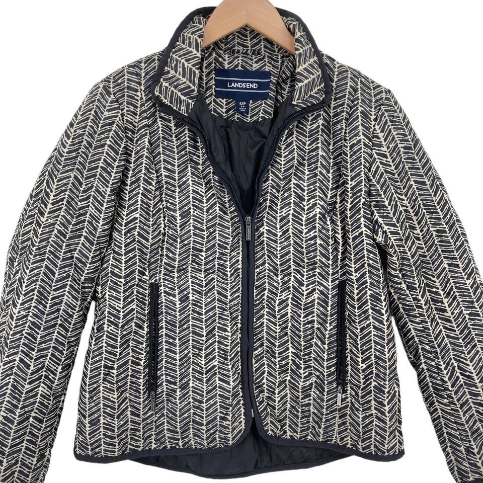 Chaqueta Lands' End Mujer Pequeña Blanca Negra Geo Estampado Manga Larga Bolsillos Cremallera Completa Foto 4 de 4