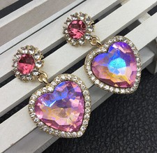 Women's Pink Crystal Rhinestone Heart Stud Pierced Earrings