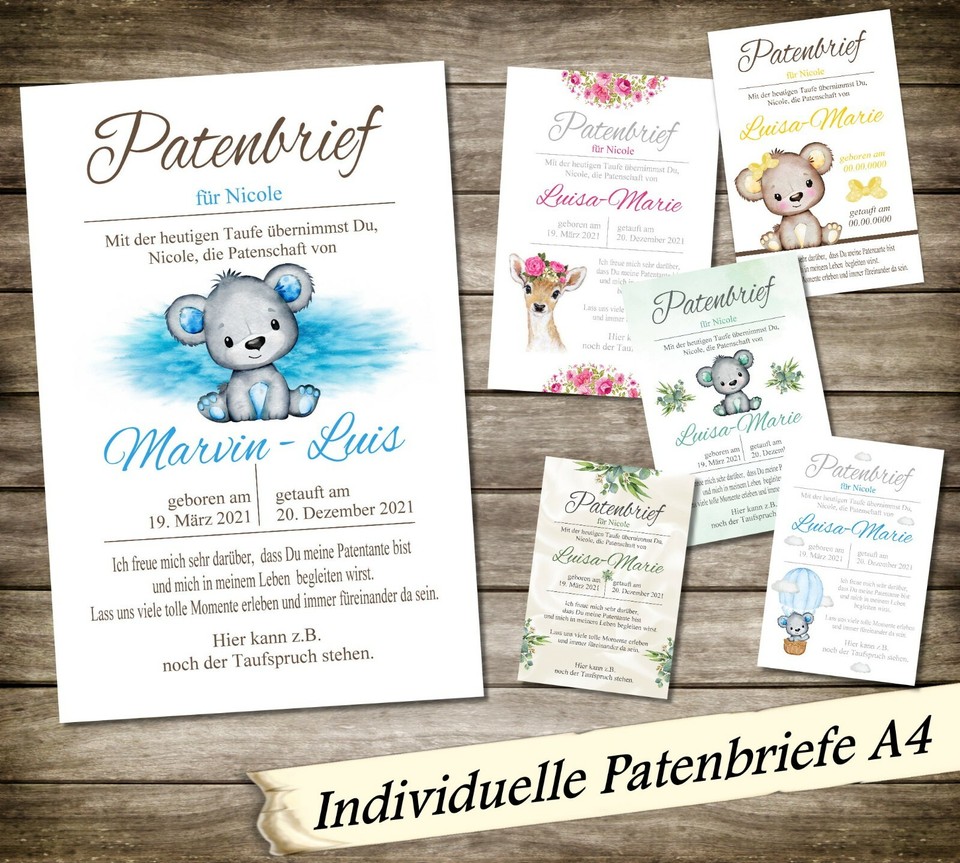 1 Patenbrief zur Taufe / Geburt / Baby - Geschenk Pate Paten individuell Auswahl