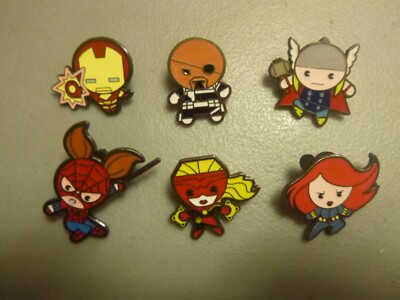Disney Pins -Group of 6 different Kawaii Avenger Pins - Ironman/Nick/Thor/Marvel