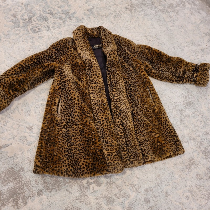 Vintage 80s Monterey Fashions Faux Fur Coat Leopard Brown Black Sz Small USA