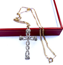 VINTAGE HEAVY 9CT DIAMOND CELTIC CROSS PENDANT ON 9CT 18" FLAT CURB LINK CHAIN