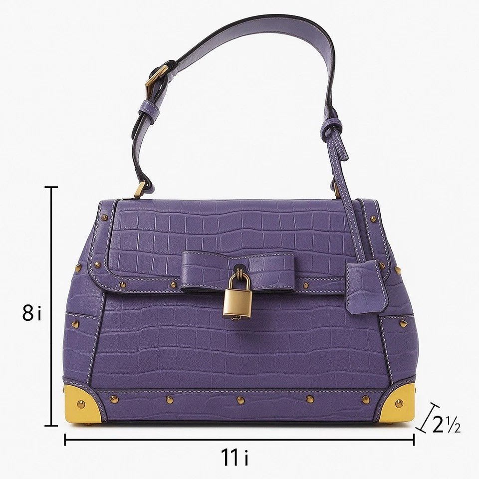 Satchel Bag Purse Handbag Lavender Croc Embossed Gold Stud Lock/Key Structured - Image 3 of 4