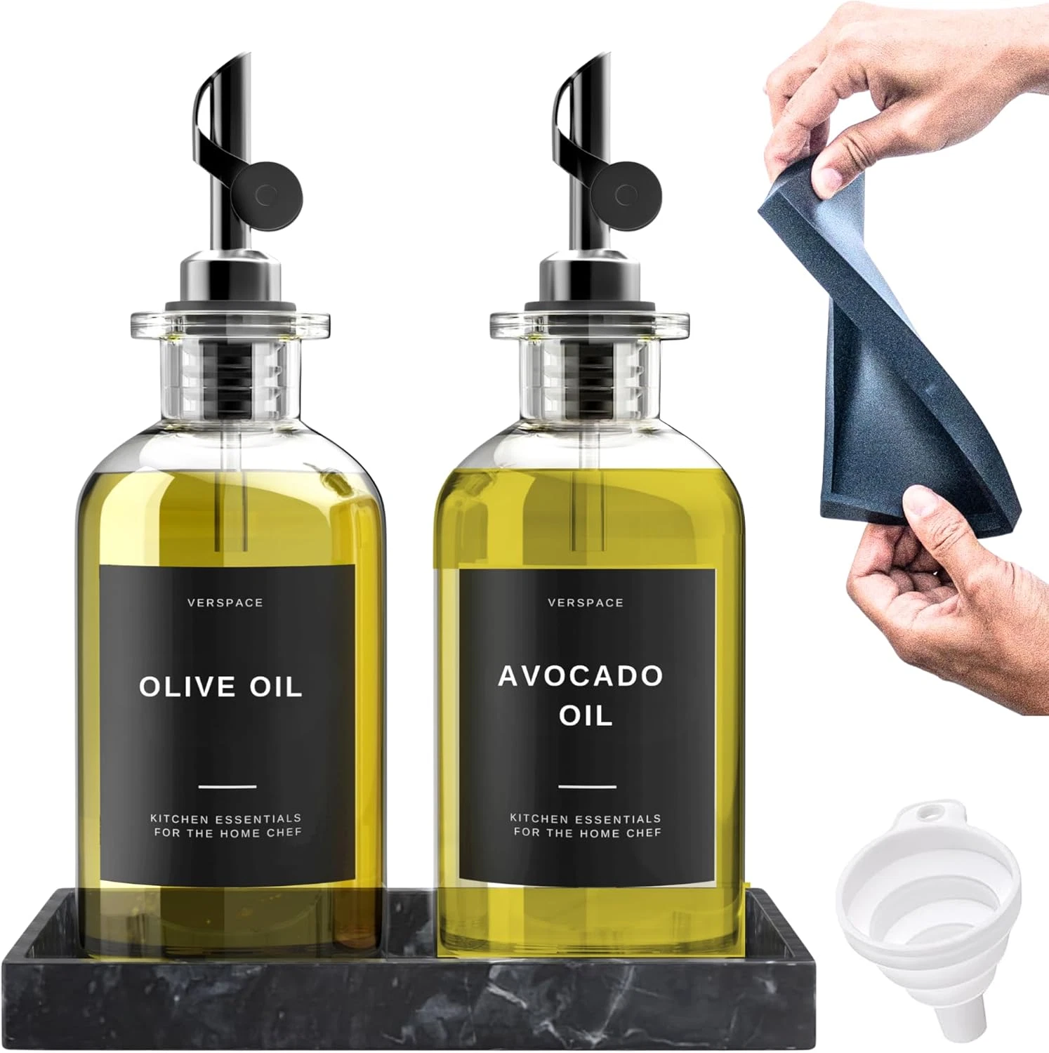 Clear Glass Olive Oil Dispenser Bottles for Kitchen with Silicone Tray & 40 Labe