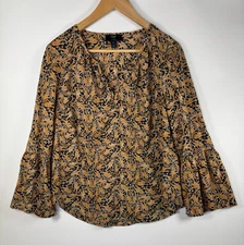 Drakes London for J.Crew Blouse Womens 12 Blue Yellow Giraffe Print Bell Sleeve