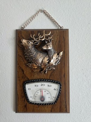 Vintage MCM Wooden Wall Thermometer w/ Raised Metal Copper Deer Elk Alaska
