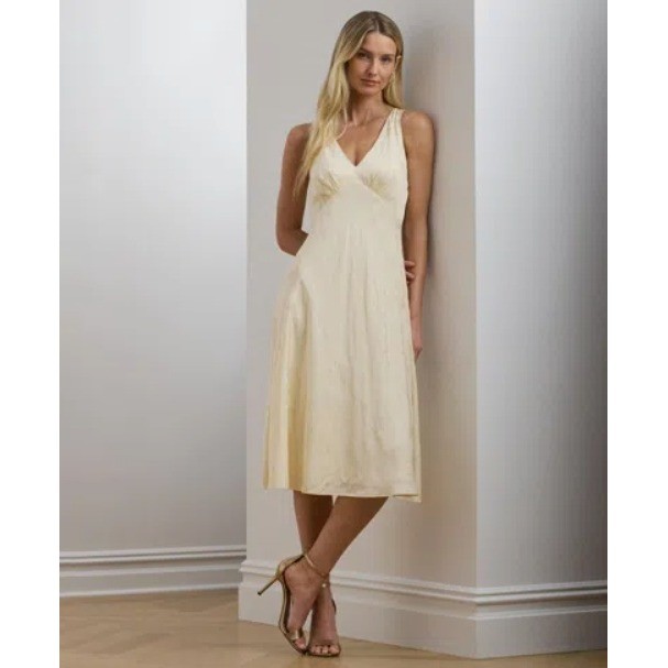 LRL Ralph Lauren Floral Jacquard V Neck Midi Dress Women 12 Cream Classic NWT